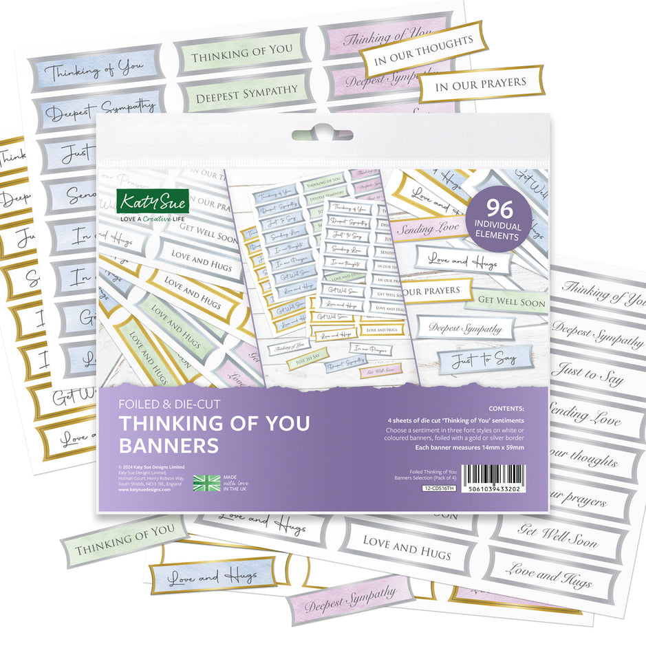 Katy Sue Foiled Thinking of You Straight Banners Selection, 96 Sentiments - 12-CDS16TH