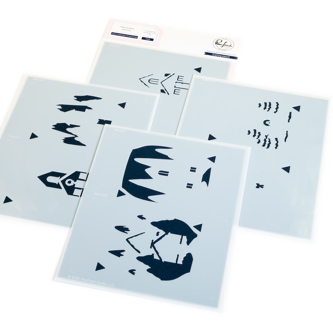 Pinkfresh Studio Lantern Landscapes: Snowy Cottage stencil