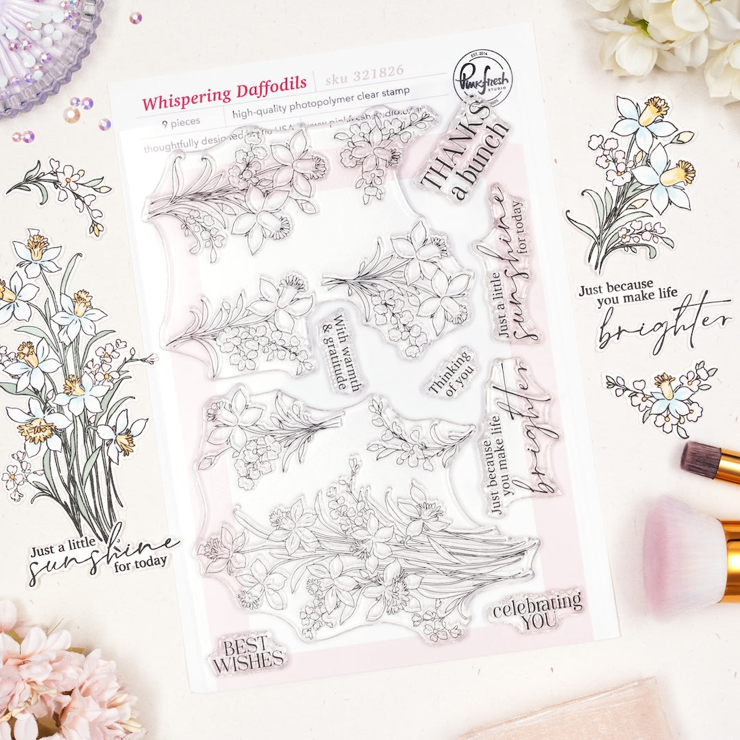 Pinkfresh Studio Whispering Daffodils stamp, die, Stencil and Washi Bundle