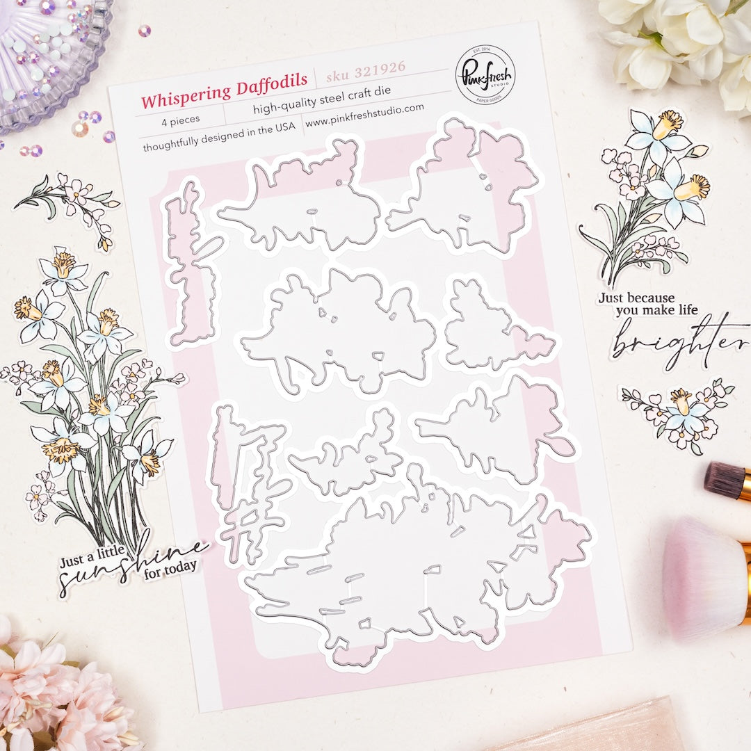 Pinkfresh Studio Whispering Daffodils stamp, die, Stencil and Washi Bundle