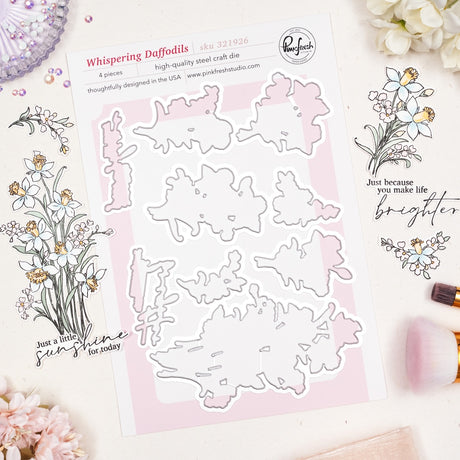 Pinkfresh Studio Whispering Daffodils stamp, die, Stencil and Washi Bundle