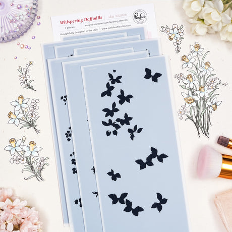 Pinkfresh Studio Whispering Daffodils stamp, die, Stencil and Washi Bundle