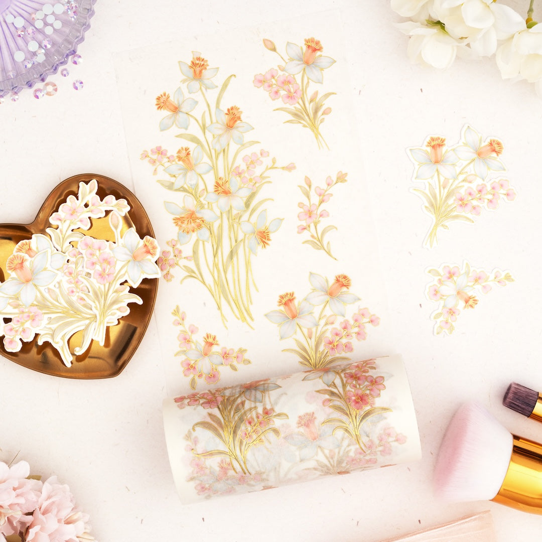 Pinkfresh Studio Whispering Daffodils stamp, die, Stencil and Washi Bundle