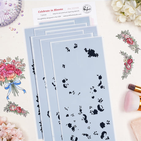 Pinkfresh Studio Celebrate in Blooms stamp, Die, Stencil and Washi Bundle