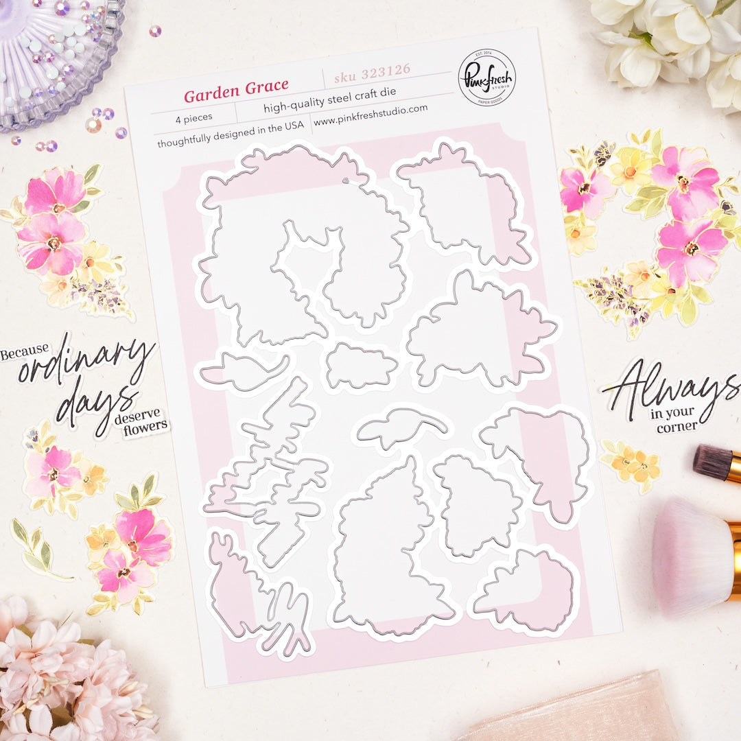 Pinkfresh Studio Garden Grace stamp, Die, Stencil and Washi Bundle