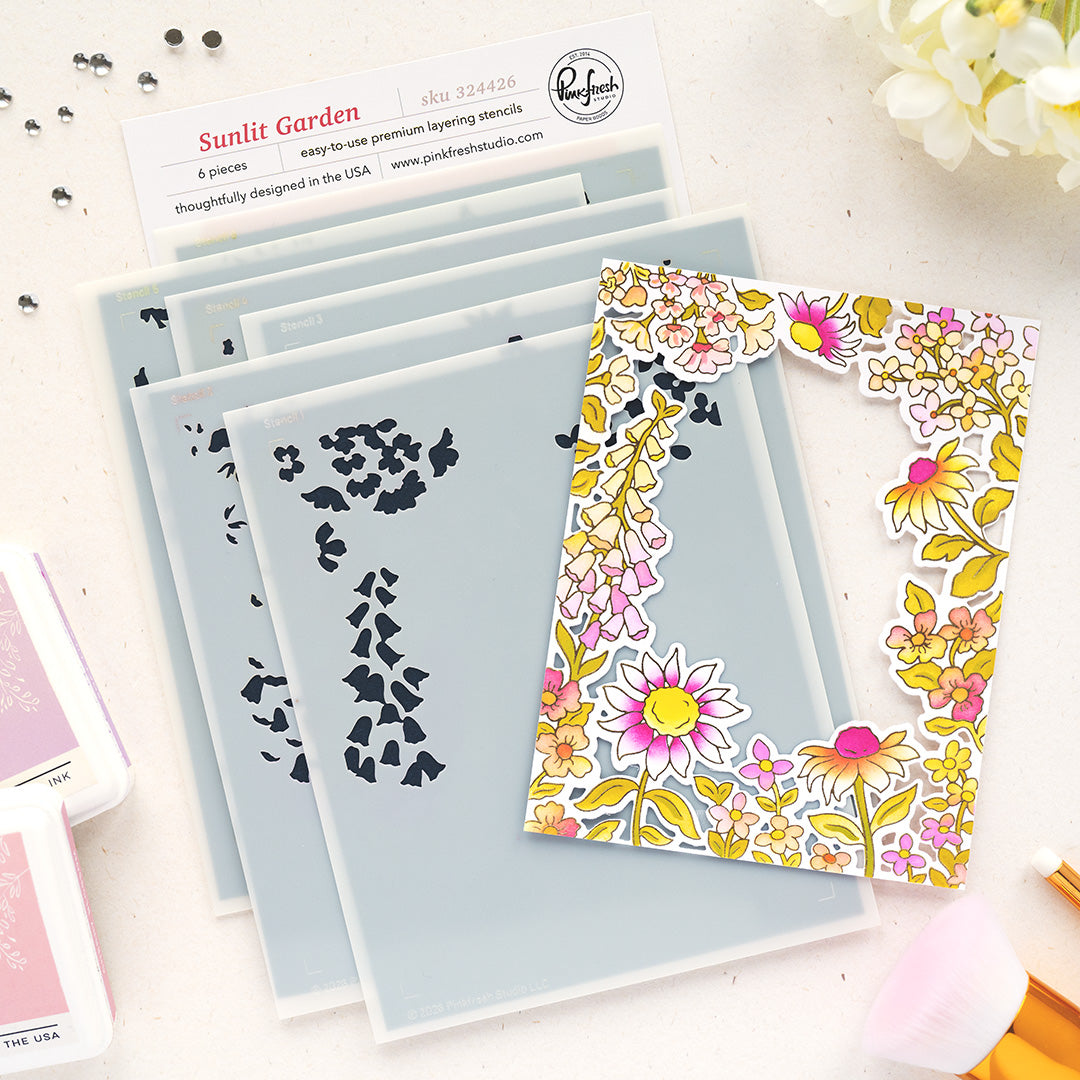 Pinkfresh Studio Sunlit Garden Cling Stamp / Stencil/ Die Bundle