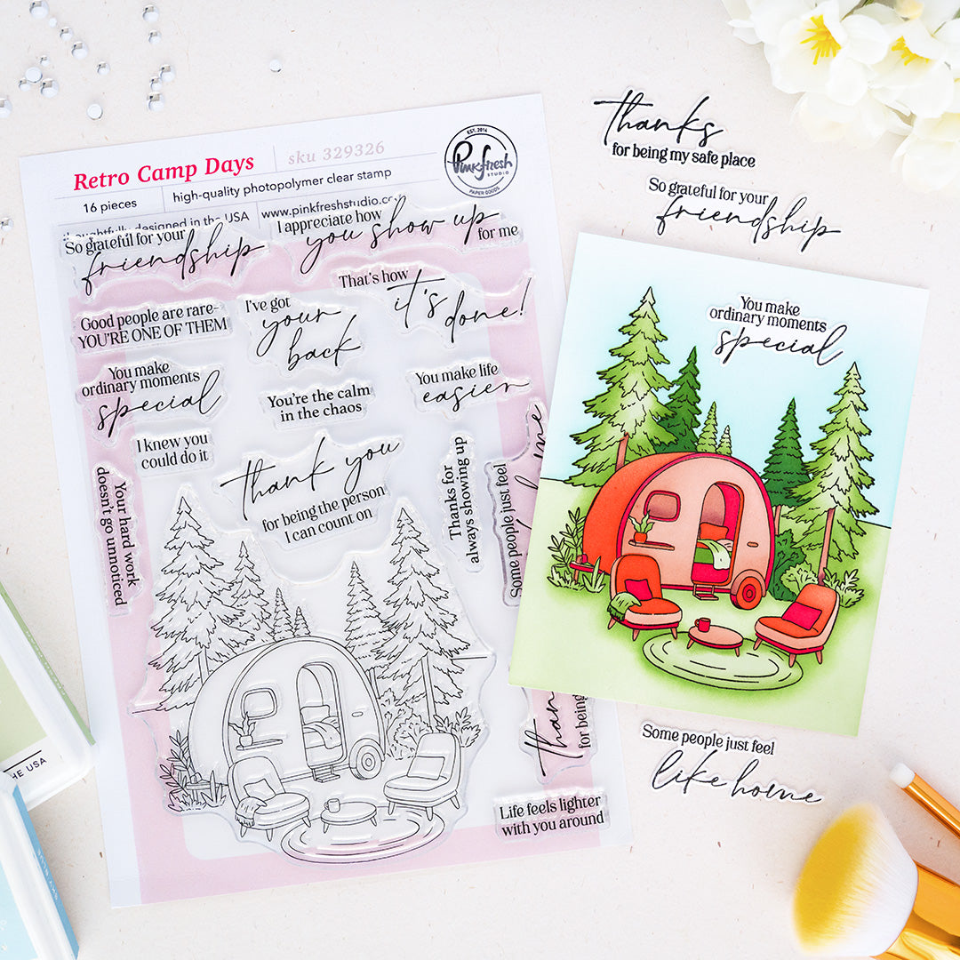 Pinkfresh Studio Retro Camp Days Stamp/ Die/ Stencil Bundle