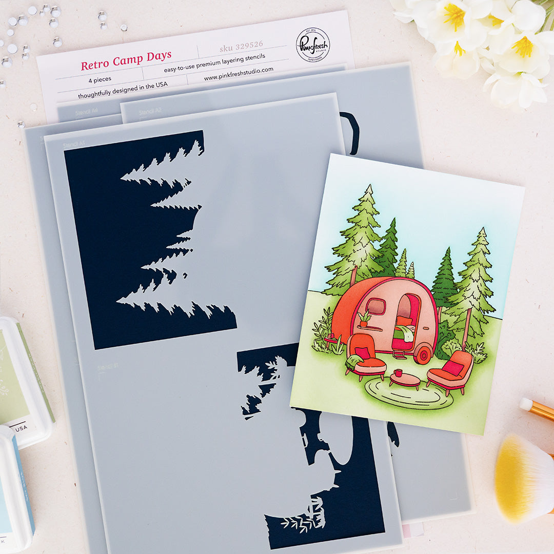 Pinkfresh Studio Retro Camp Days Stamp/ Die/ Stencil Bundle