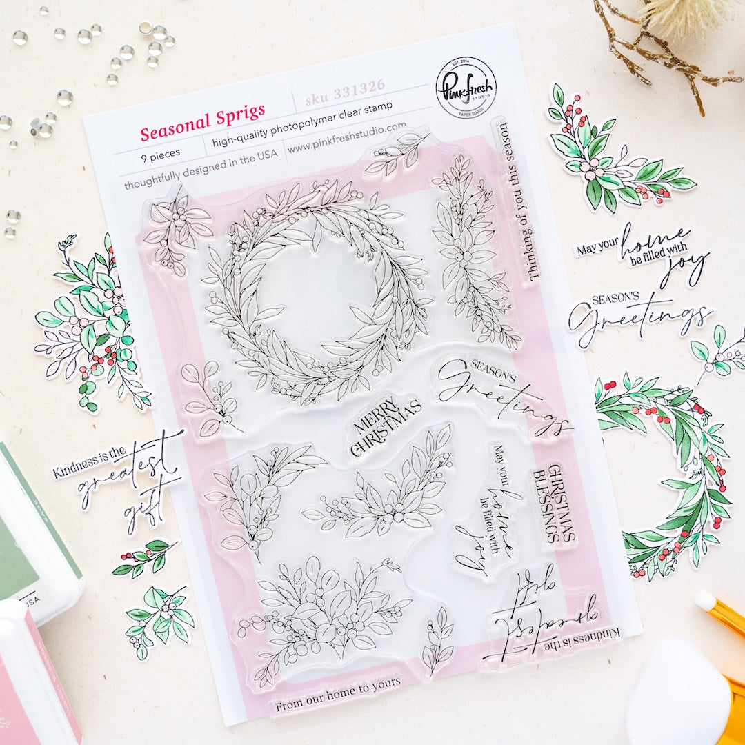 Pinkfresh Studio Seasonal Sprigs stamp die stencil washi bundle