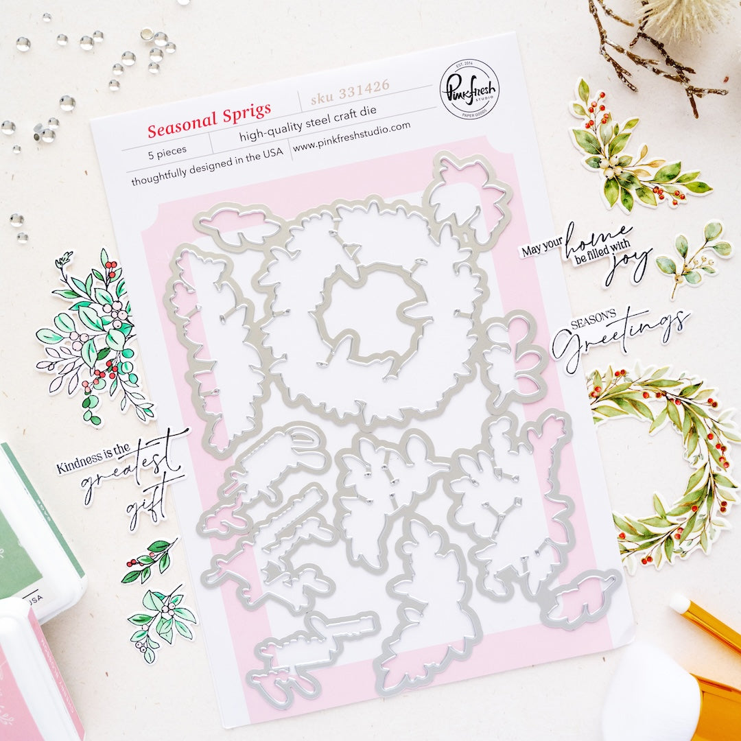 Pinkfresh Studio Seasonal Sprigs stamp die stencil washi bundle