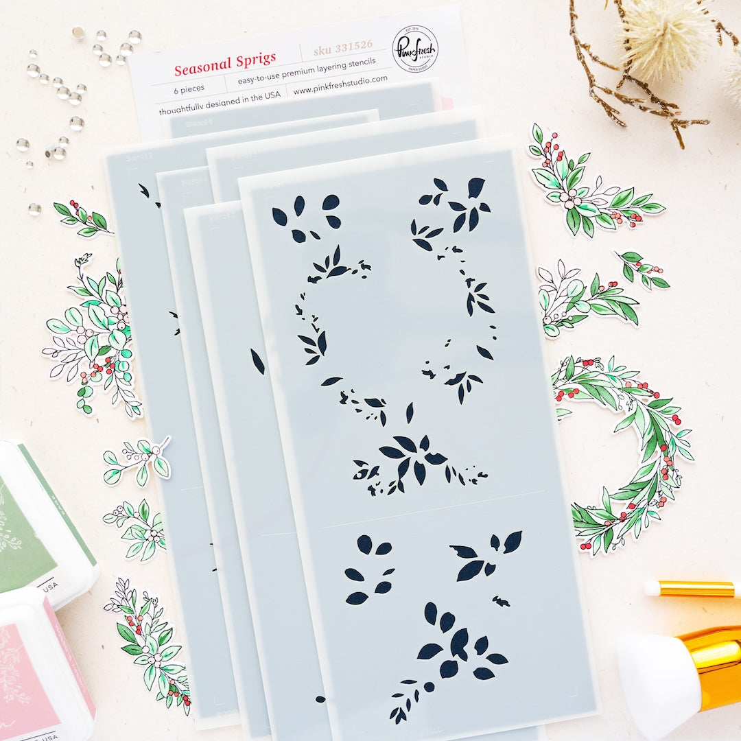 Pinkfresh Studio Seasonal Sprigs stamp die stencil washi bundle