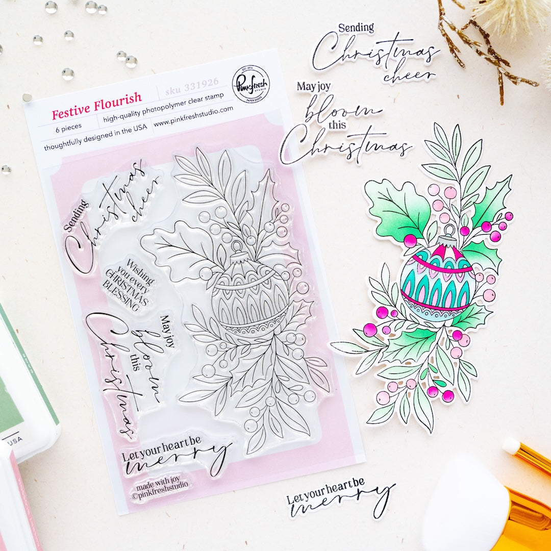 Pinkfresh Studio Festive Flourish stamp die stencil bundle