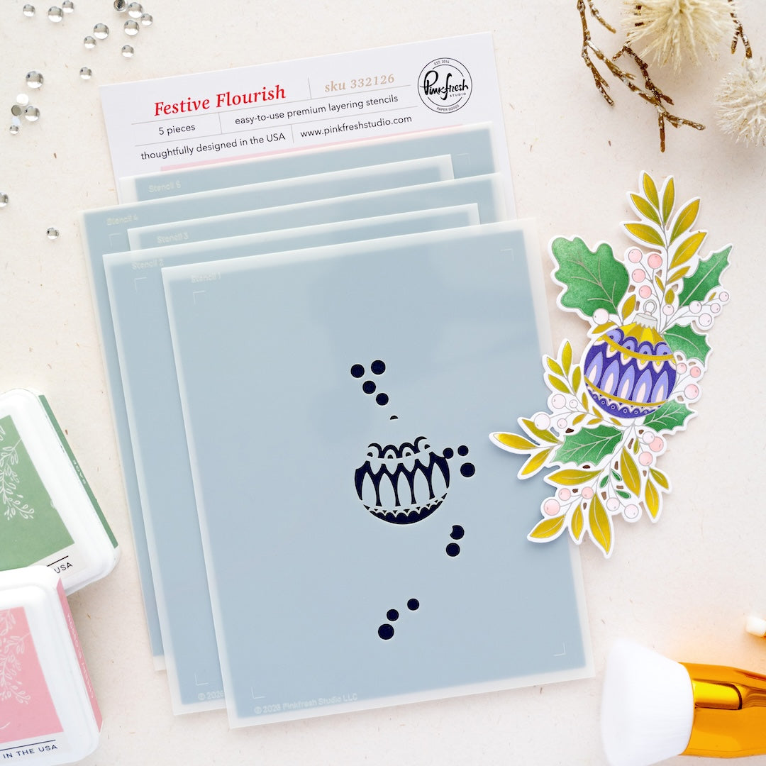 Pinkfresh Studio Festive Flourish stamp die stencil bundle