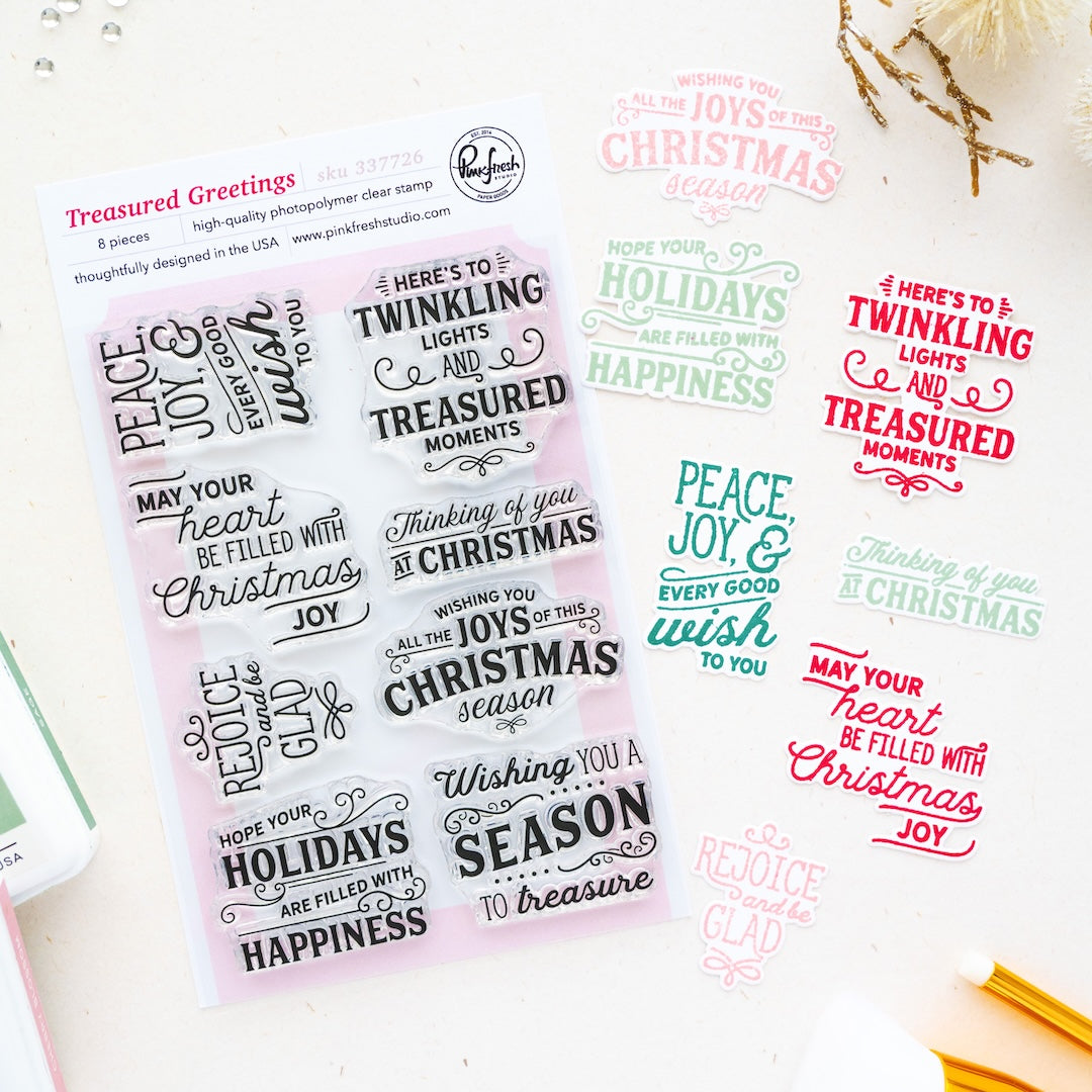 Pinkfresh Studio Treasured Greetings stamp & Die bundle