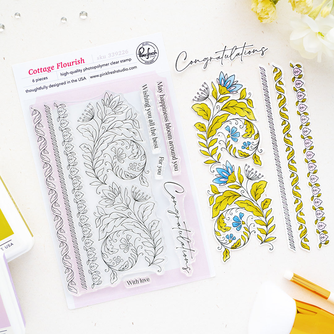 Pinkfresh Studio Cottage Flourish stencil Stamp and Die Bundle