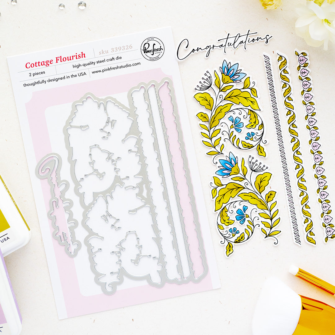 Pinkfresh Studio Cottage Flourish stencil Stamp and Die Bundle