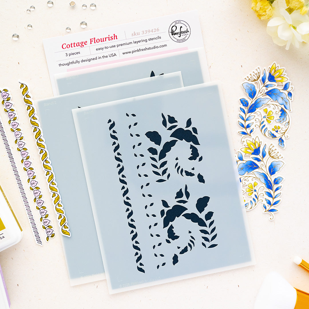 Pinkfresh Studio Cottage Flourish stencil Stamp and Die Bundle