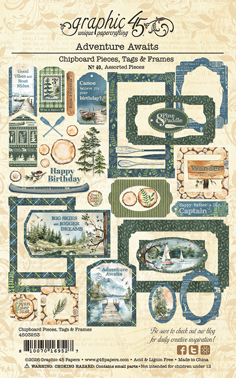 Graphic 45 Adventure Awaits Chipboard Pieces, Tags & Frames