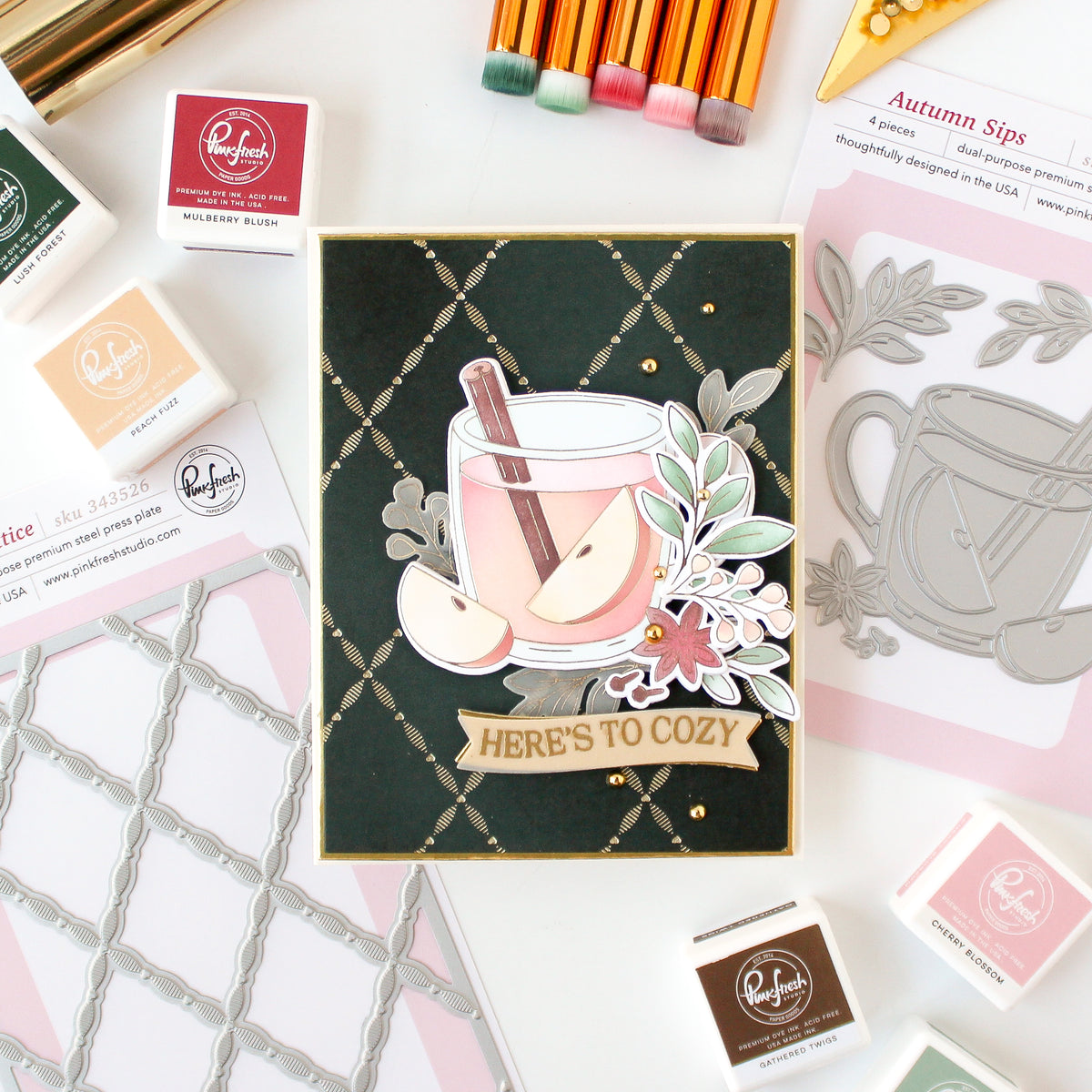Pinkfresh Studio  Autumn Sips Stamp, Die & Stencil Bundle
