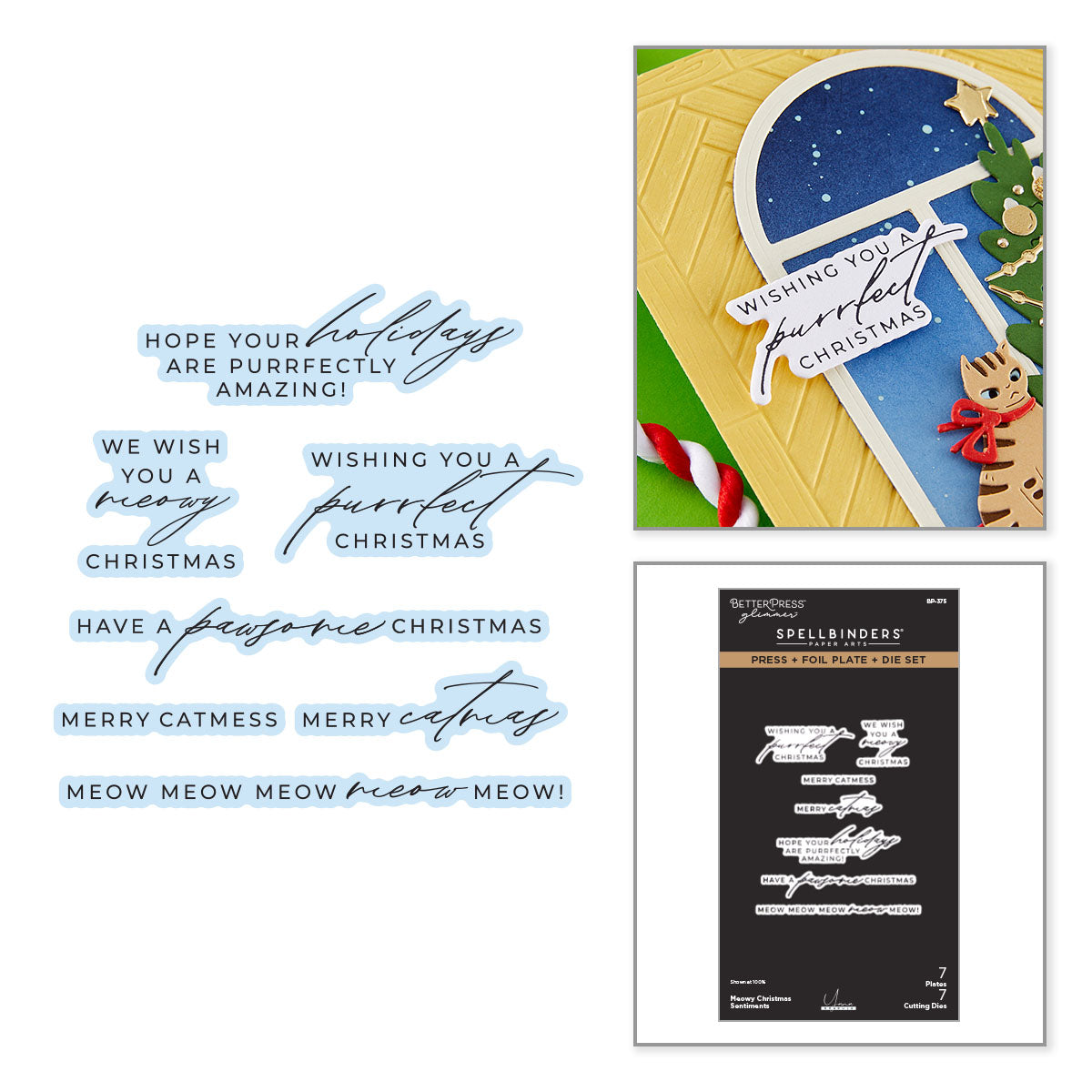 Spellbinders Meowy Christmas Sentiments Press + Foil Plates & Die Set by Yana Smakula BP-375