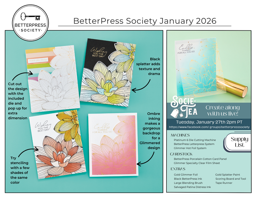 Spellbinders - Golden Bloom Press Plate & Die Set & Stencil - BetterPress Society January 2026