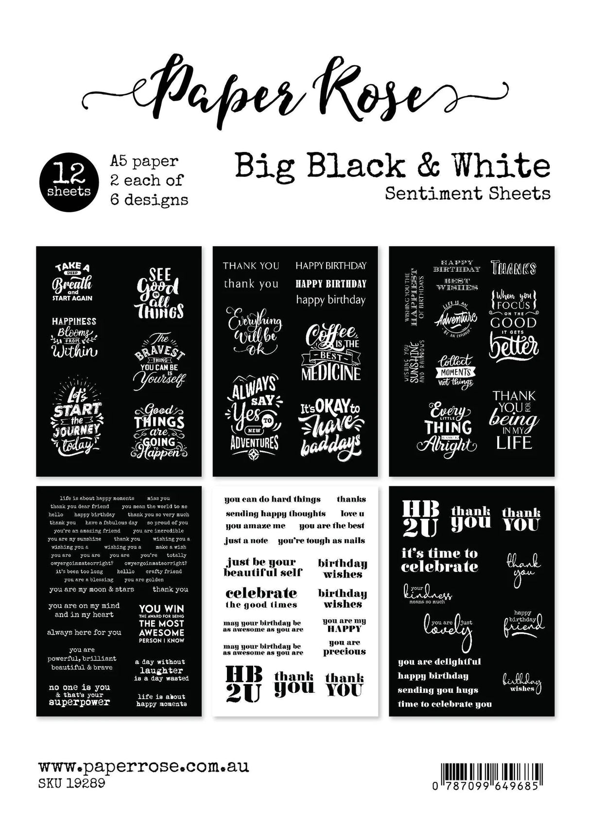 Paper Rose Studio Big Black & White A5 12pc Sentiment Sheets 19289