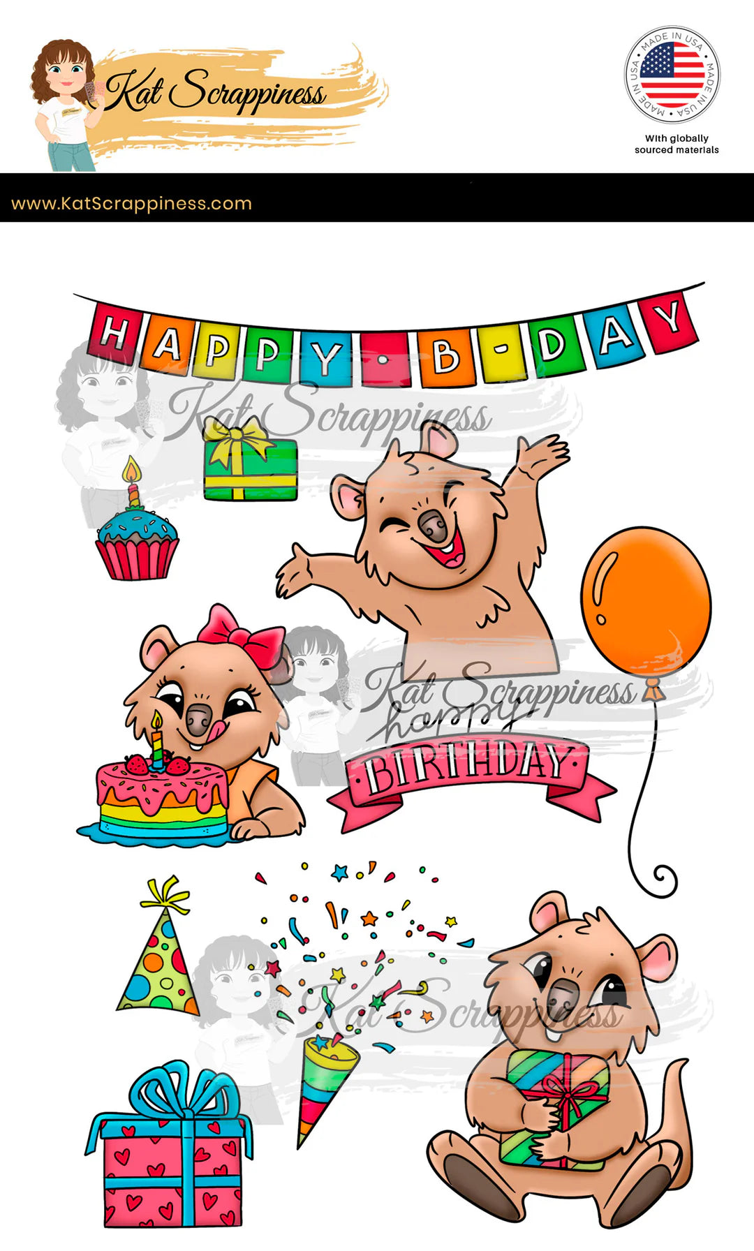 Kat Scrappiness Birthday Quokka Stamp Set