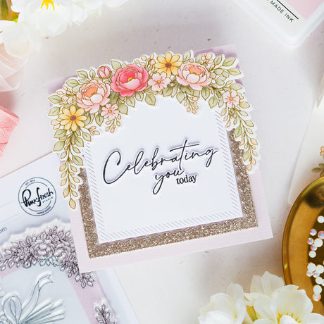 Pinkfresh Studio Celebrate in Blooms stamp, Die, Stencil and Washi Bundle