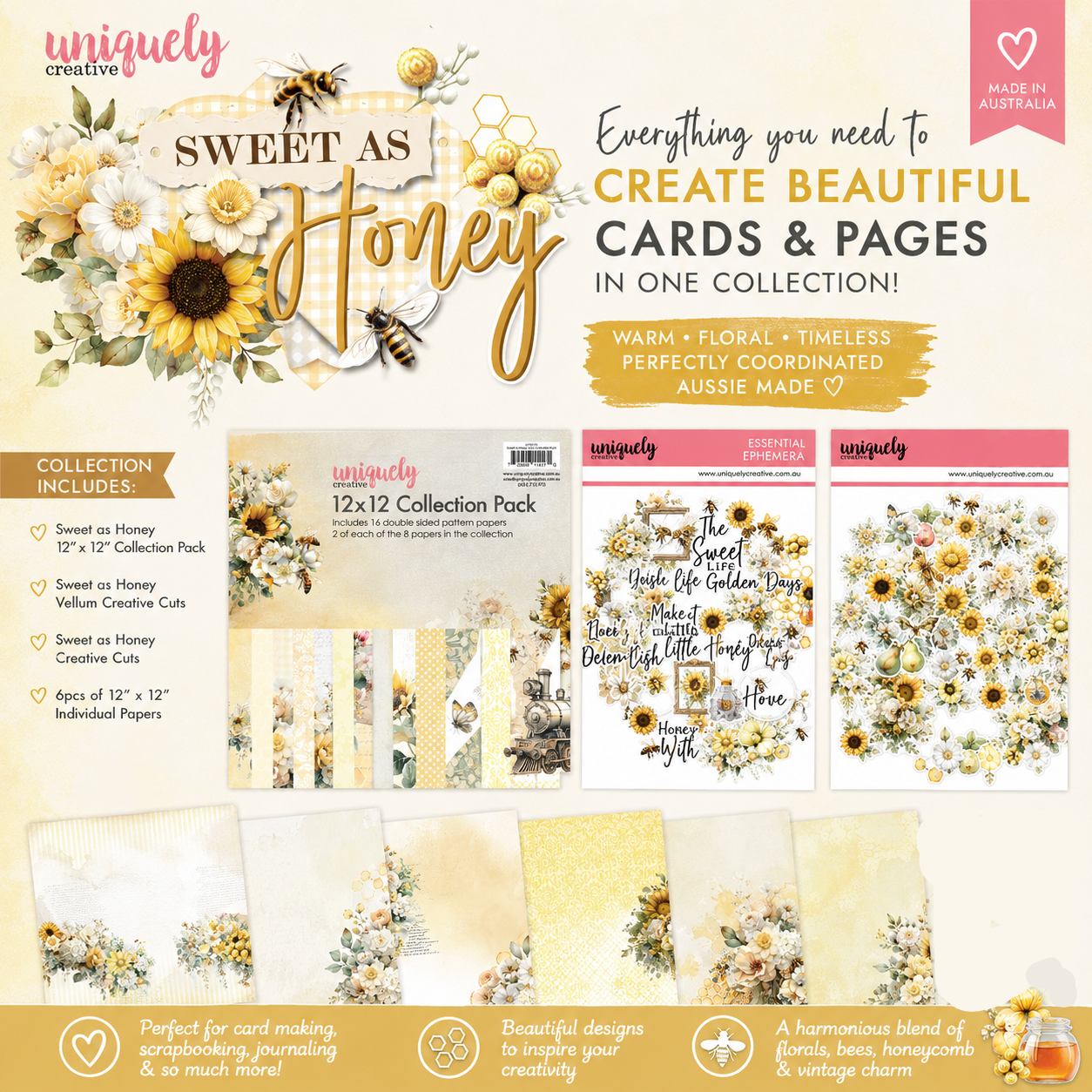 A promotional collage for a 'Sweet as Honey' crafting paper and card set by uniquely creative. The image features a collection of floral, yellow, and cream patterned cards, scrapbooking papers, and journaling pages, along with packaging and sample layouts.