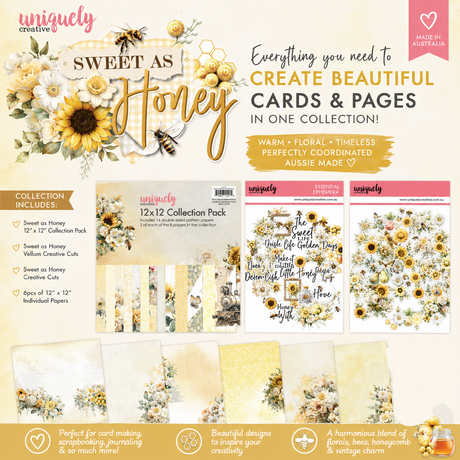 A promotional collage for a 'Sweet as Honey' crafting paper and card set by uniquely creative. The image features a collection of floral, yellow, and cream patterned cards, scrapbooking papers, and journaling pages, along with packaging and sample layouts.