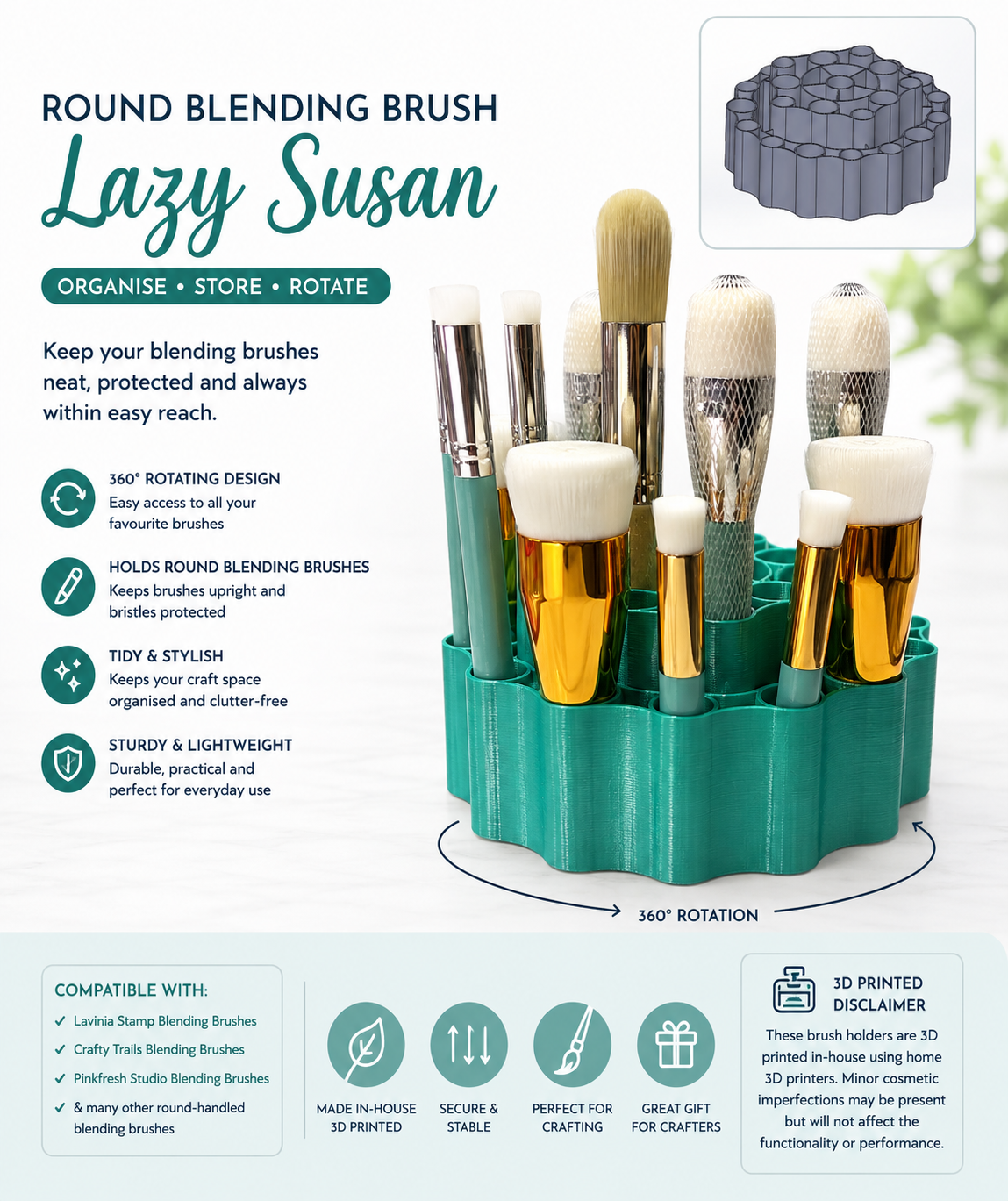 Crafty Trails Round Blending Brush Holder Lazy Susan – Available in Multiple Colours 1 pc postage as per actuals