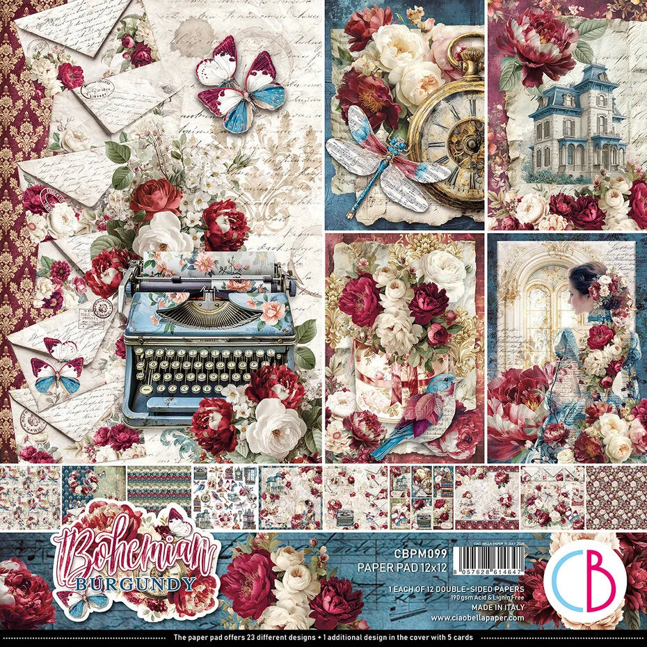 Ciao Bella Bohemian Burgundy 12x12 Inch Paper Pad (12pcs) - CBPM099
