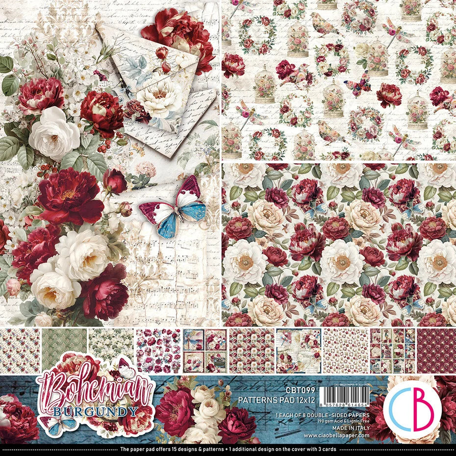 Ciao Bella Bohemian Burgundy 12x12 Inch Patterns Pad (8pcs) - CBT099