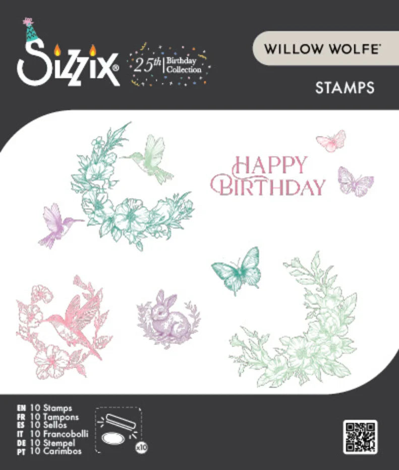 Sizzix Birthday Blooms Clear Stamp Set, 10 Pieces by Willow Wolfe - 667128