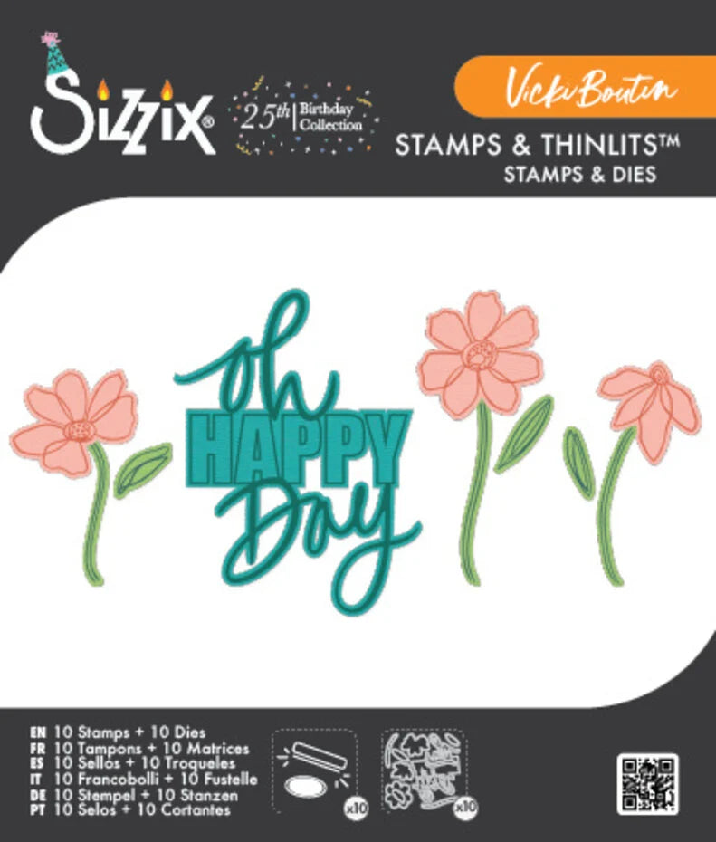 Sizzix Oh Happy Day Clear Stamp and Framelits Die Set, 20 Pieces by Vicki Boutin - 667134
