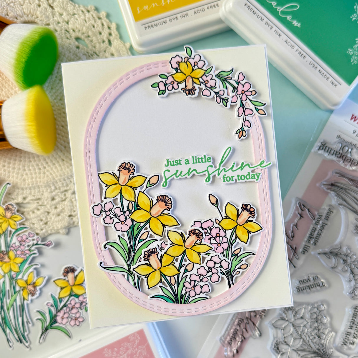 Pinkfresh Studio Whispering Daffodils stamp, die, Stencil and Washi Bundle