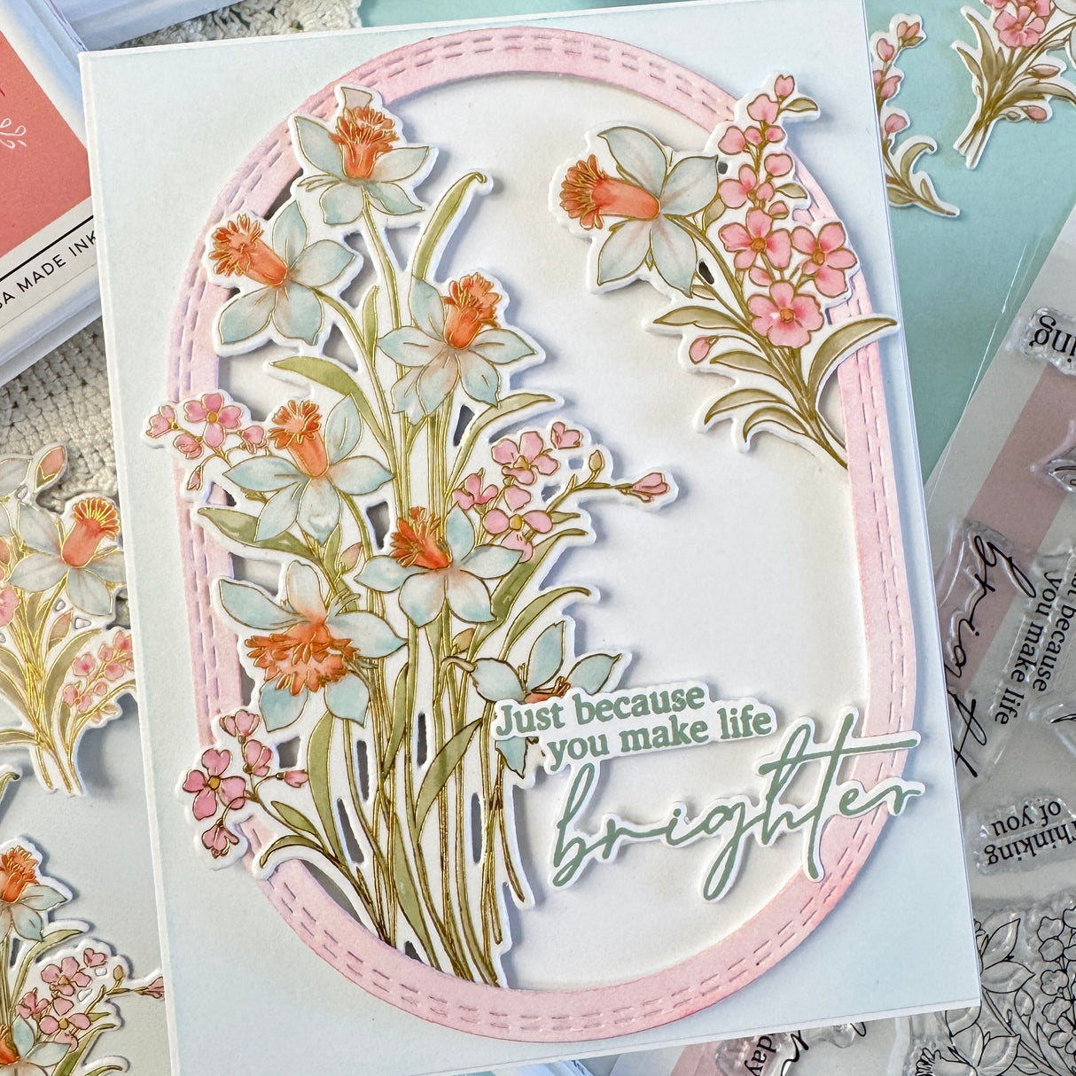 Pinkfresh Studio Whispering Daffodils stamp, die, Stencil and Washi Bundle