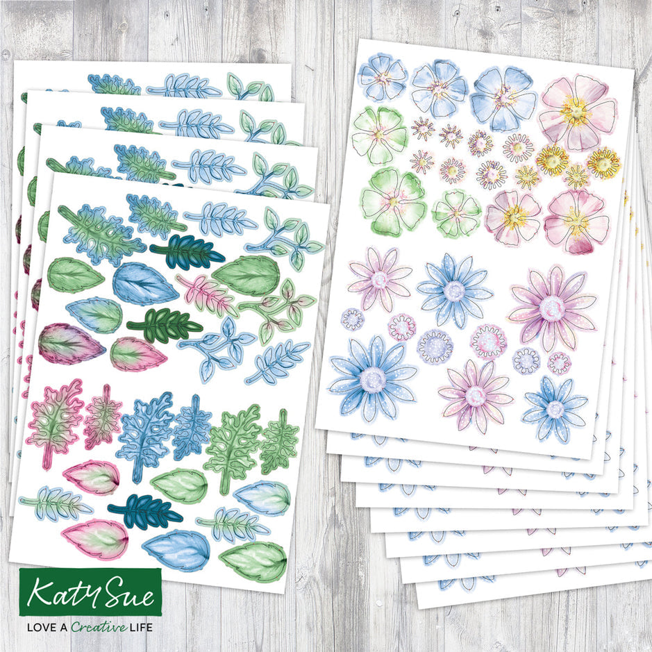 Katy Sue Icy Watercolour Die Cut Flowers & Leaves (12 sheets)