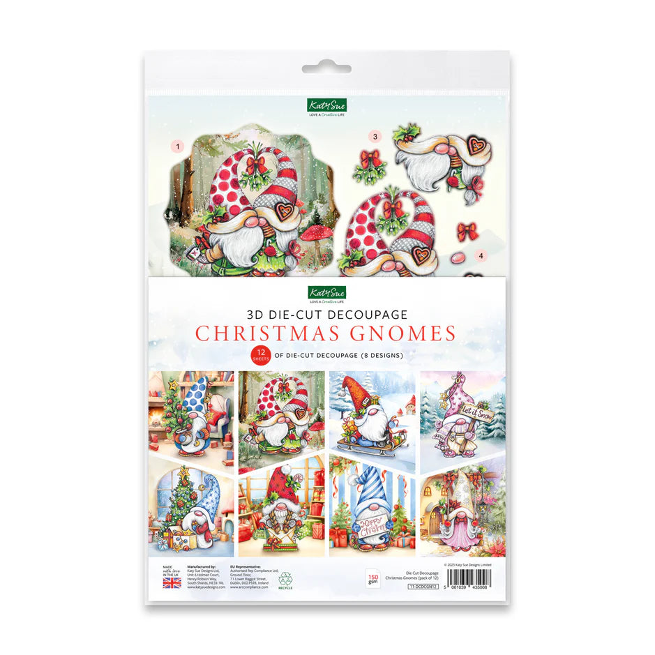 Katy Sue Designs Die Cut Decoupage – Christmas Gnomes (Pack of 12)