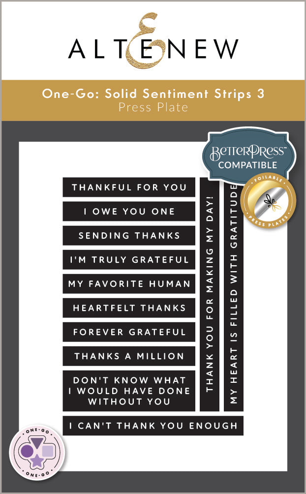Altenew One-Go: Solid Sentiment Strips 3 Press Plates/Foil Plates (Gratitude Edition)