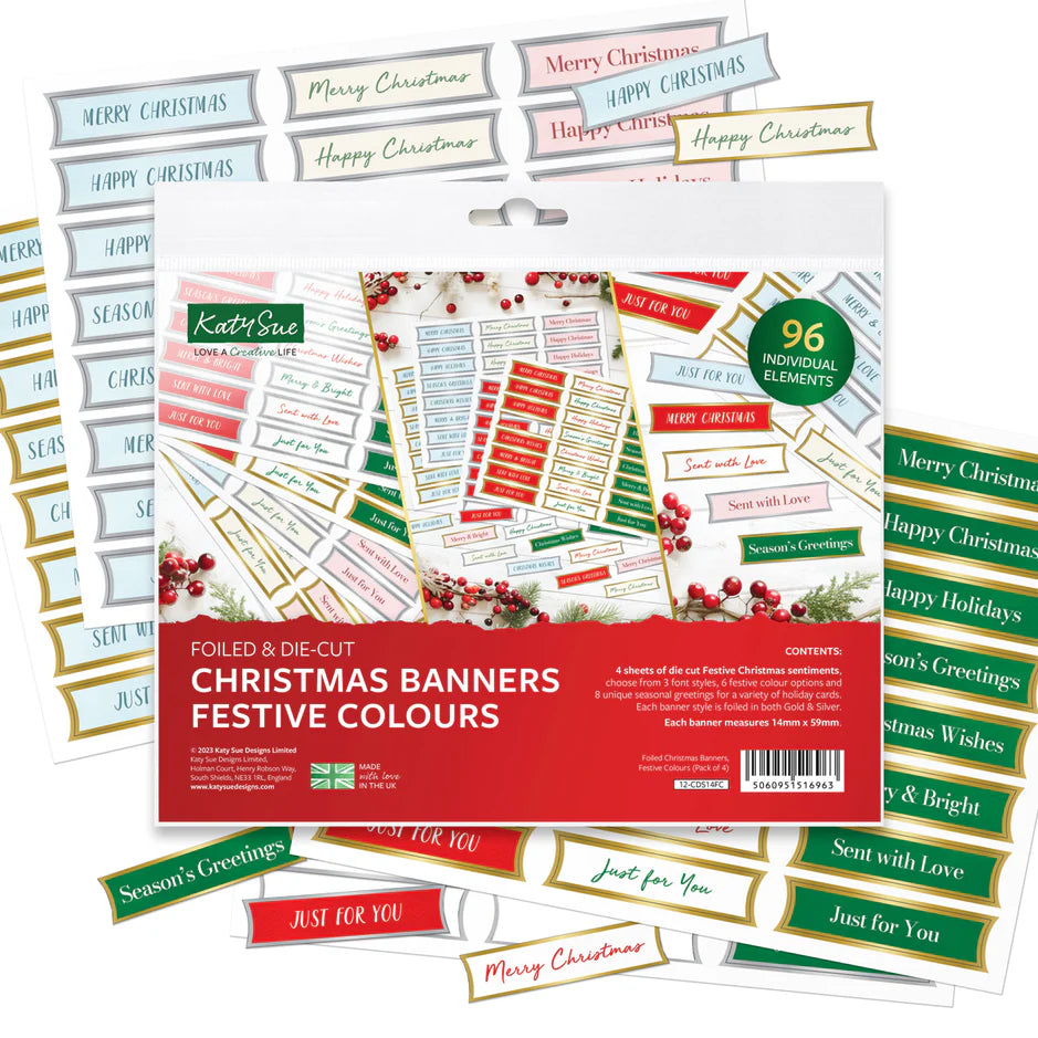 Katy Sue Designs Foiled Christmas Banners – Festive Colours (96 sentiments)