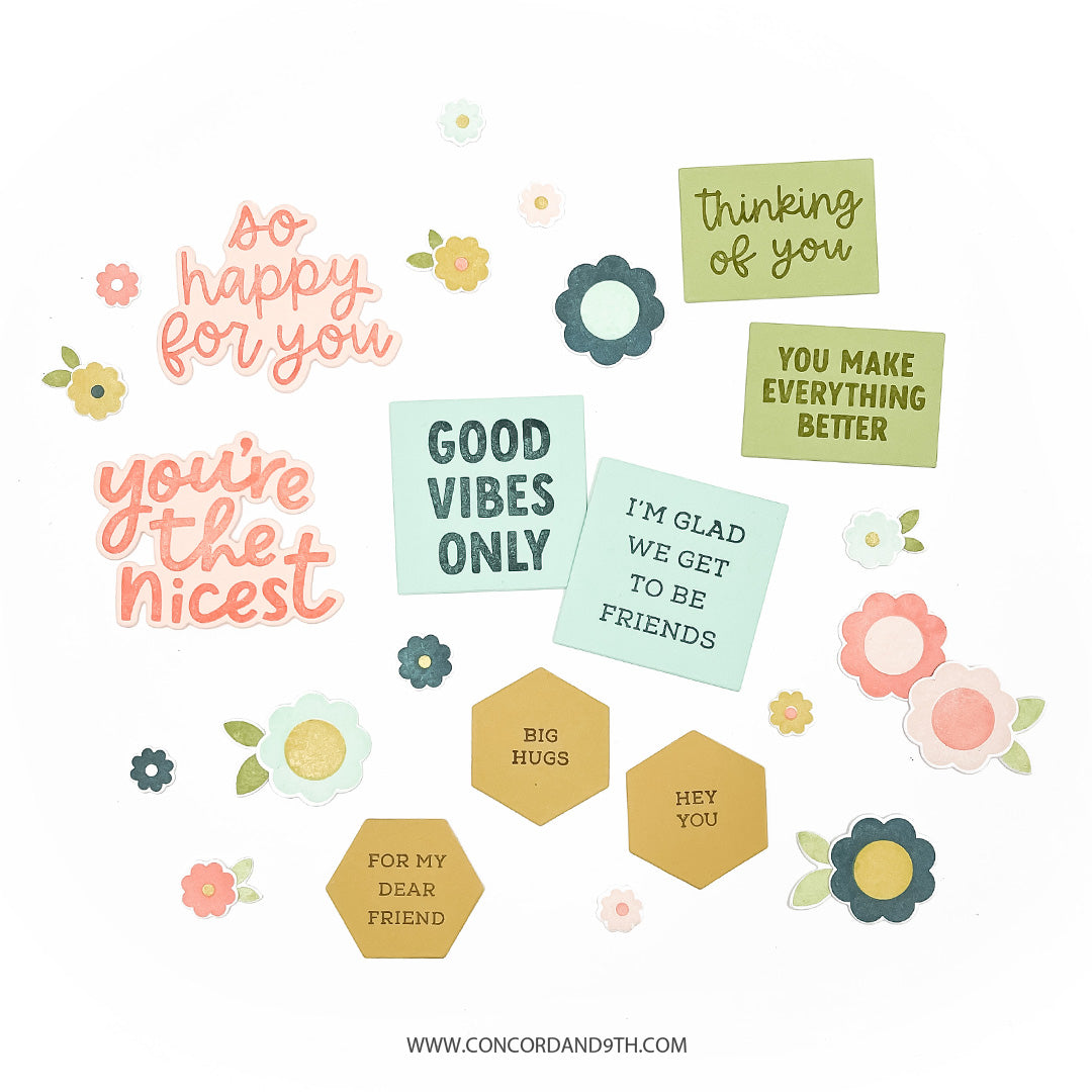 Concord & 9th Friendly Phrases Stamp Set & die (4 x 6)