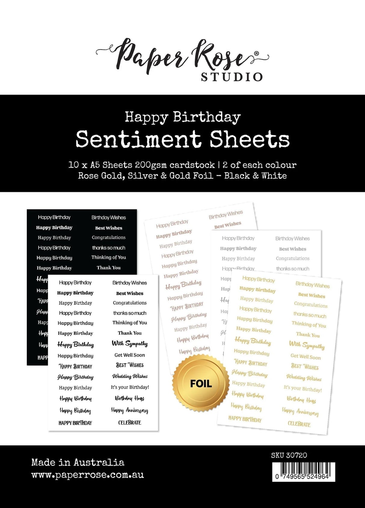 Paper Rose Studio Happy Birthday A5 10pc Sentiment Sheets 30720 - Foil