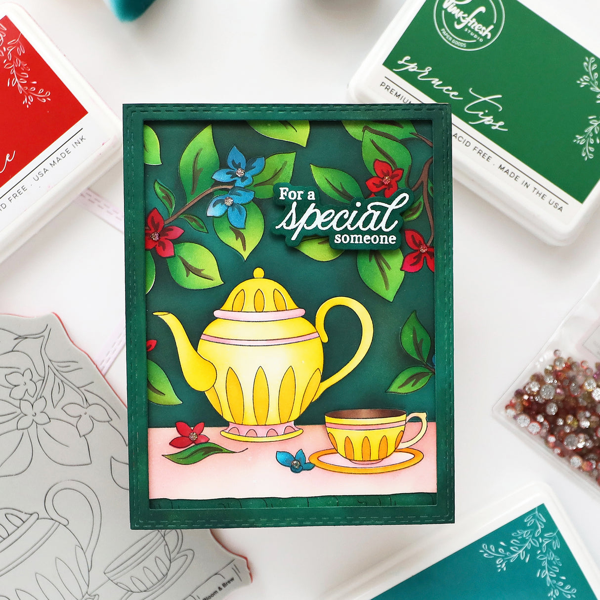 Pinkfresh Studio Bloom & Brew cling stamp / Stencil / Press plate Bundle