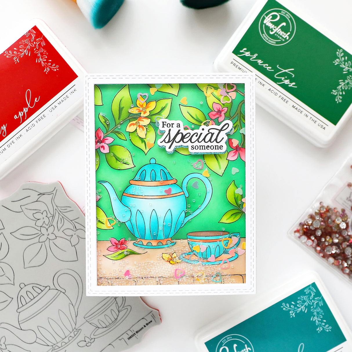 Pinkfresh Studio Bloom & Brew cling stamp / Stencil / Press plate Bundle