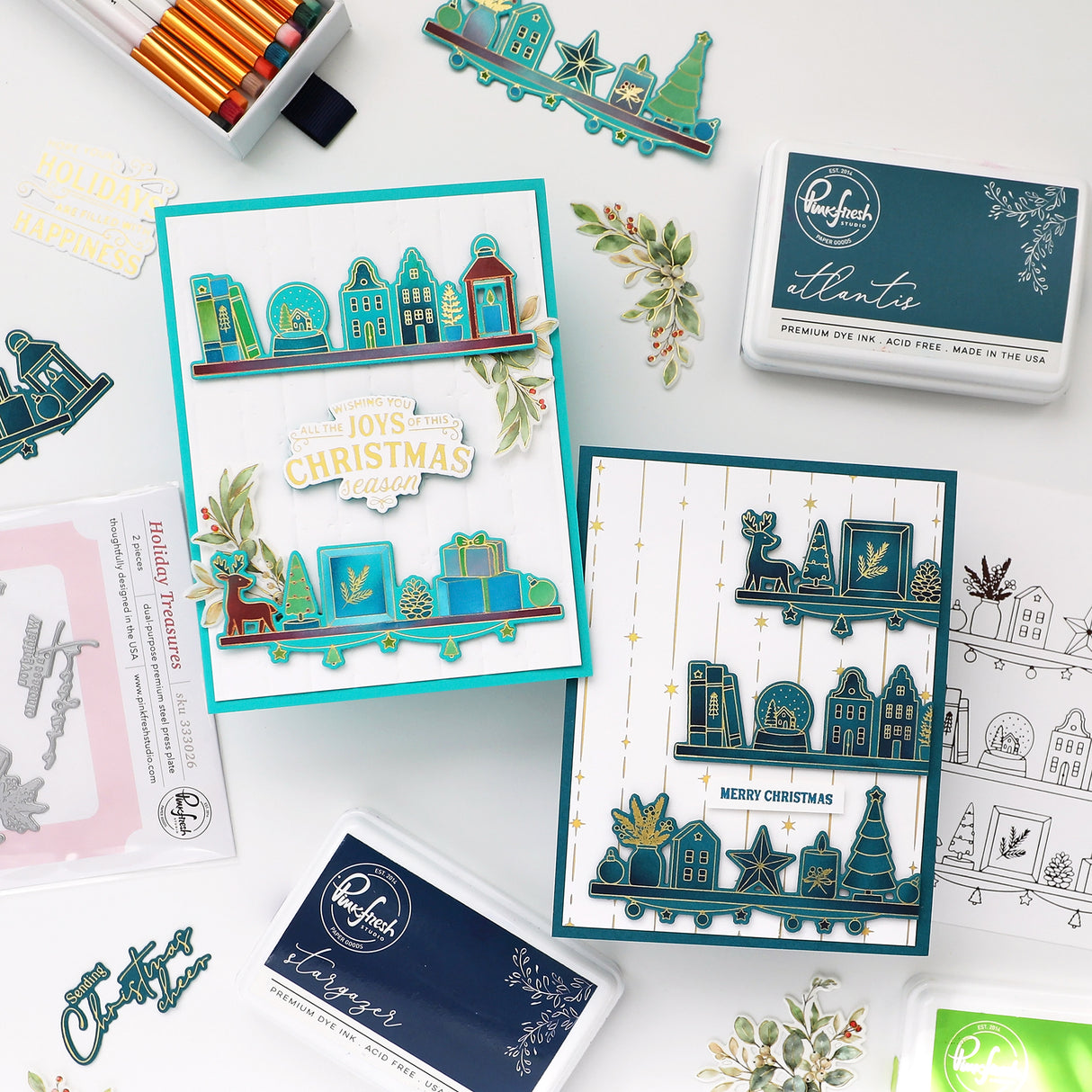 Pinkfresh Studio Seasonal Sprigs stamp die stencil washi bundle