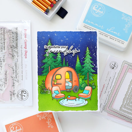Pinkfresh Studio Retro Camp Days Stamp/ Die/ Stencil Bundle