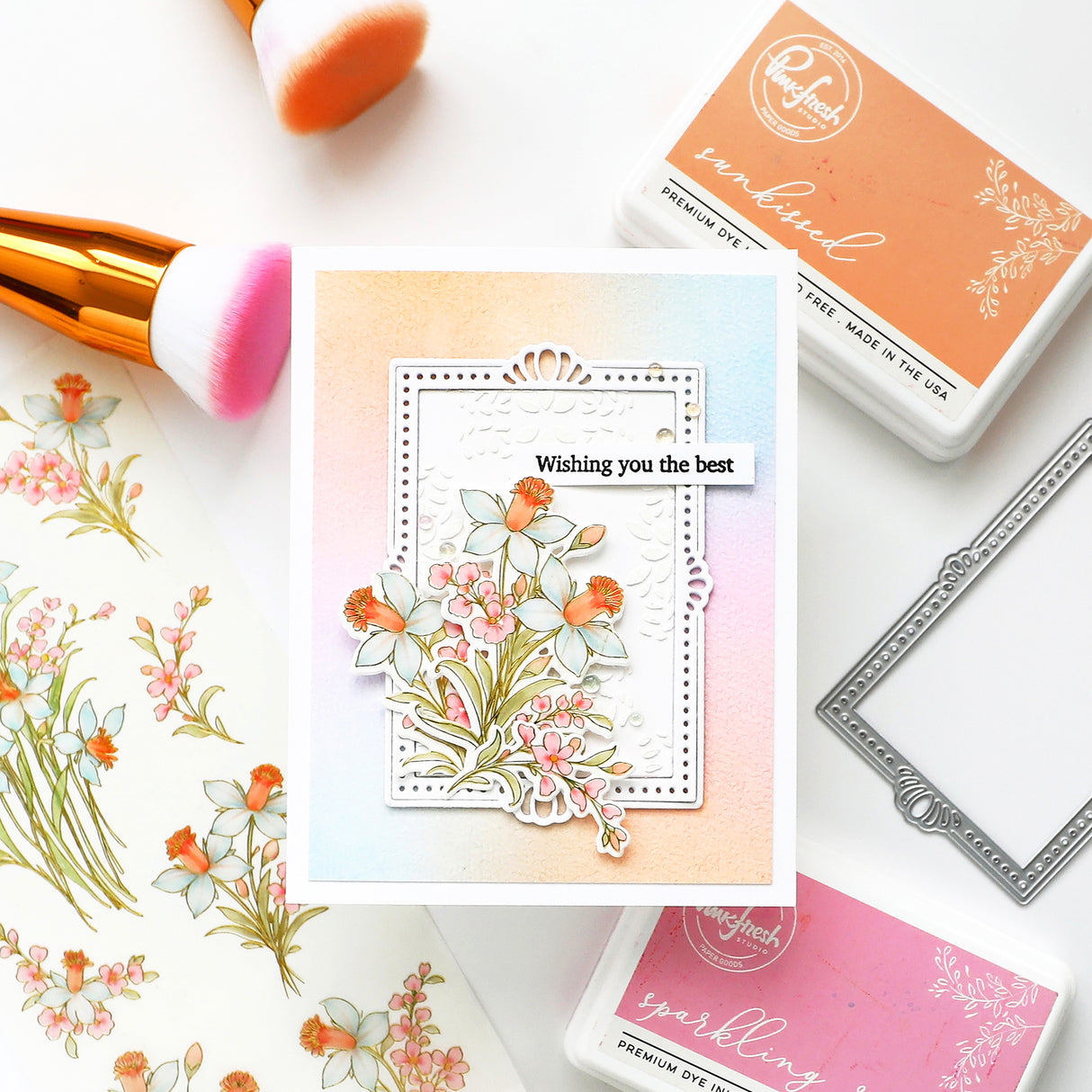 Pinkfresh Studio Whispering Daffodils stamp, die, Stencil and Washi Bundle