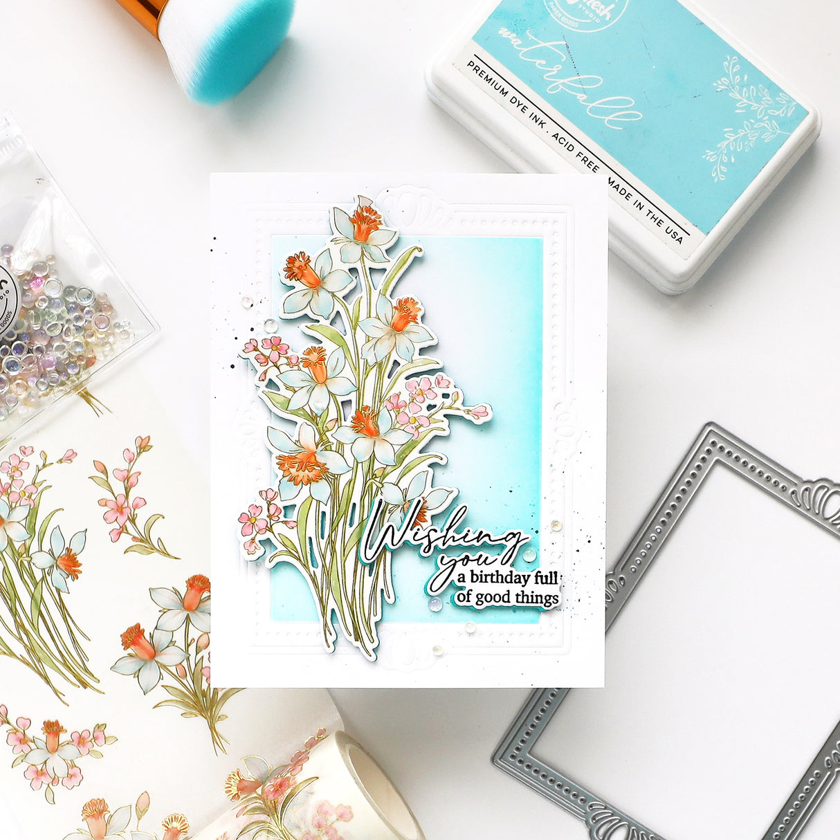 Pinkfresh Studio Whispering Daffodils stamp, die, Stencil and Washi Bundle