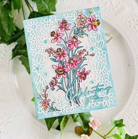 Pinkfresh Studio Whispering Daffodils stamp, die, Stencil and Washi Bundle